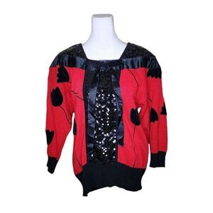 Vintage 80s Tulip Sequin Sweater Womens Size M Red Black